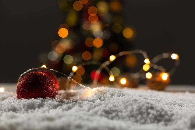 Christmas balls and an electric garland lie in the snow with a Christmas tree in the background. The bokeh effect of the tree lights adds a festive and warm atmosphere. Perfect for holiday greeting cards, festive advertisements, and seasonal social media posts.