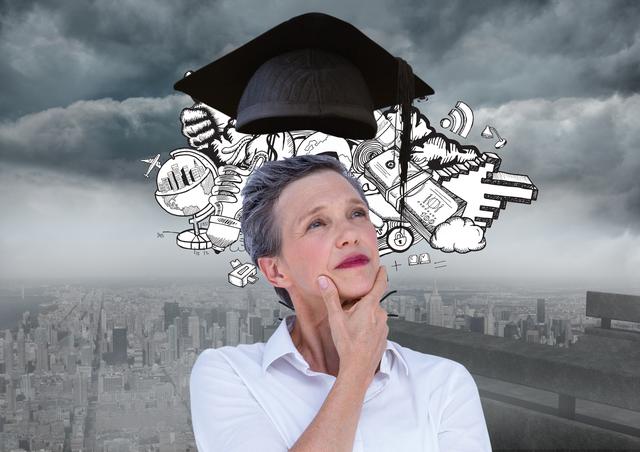 Digital composite image of thoughtful female executive with mortar board above head