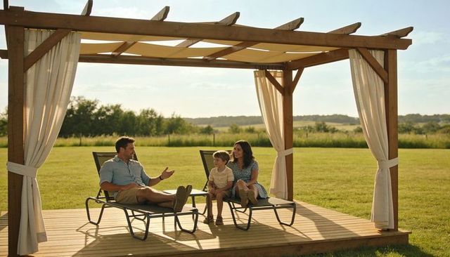 Family relaxing under wooden pergola on sunlit raised deck overlooking meadow