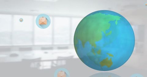 Digital communication emails circling globe in office environment