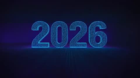 2026 Neon Countdown Pullback, Glowing Particle Numerals Over Futuristic Grid