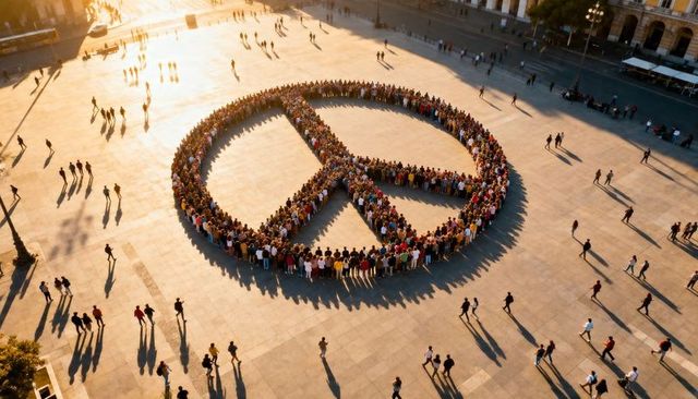 Crowd forming giant peace symbol in urban plaza at golden hour casting long shadows