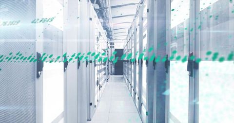Data center corridor with futuristic digital overlay