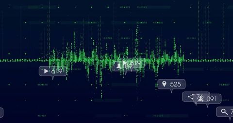 Neon green data waveform visualizing real-time analytics with interactive ui badges