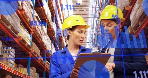 Warehouse supervisors checking inventory on clipboard with digital analytics overlay