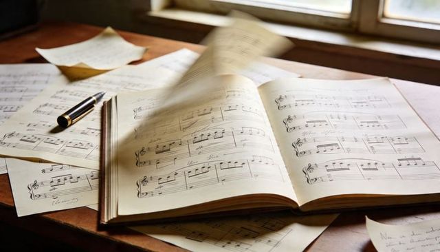 Open music score turning page with fountain pen resting on wooden desk by window
