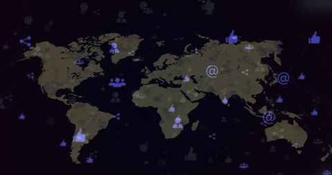 Projecting global social network with glowing like and @ icons over dark world map grid