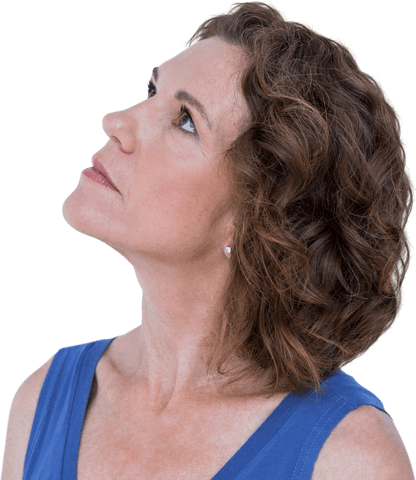 This transparent image features a middle-aged woman with curly hair, wearing a casual outfit, looking upwards with a thoughtful and contemplative expression. Useful for representing contemplation, reflection, ideas, inspiration, or emotions. Can be used in advertisements, online articles, or motivational content.