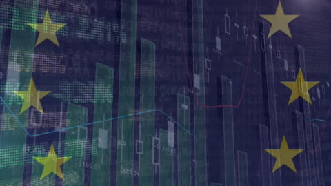 European Economy Concept with Financial Data and EU Flag Overlay