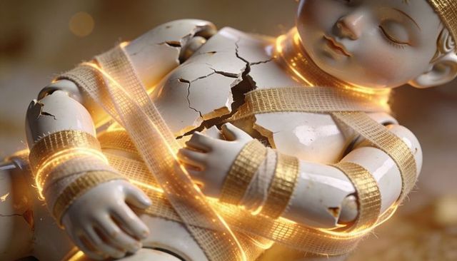 Cracked porcelain baby doll wrapped in glowing golden ribbons, conceptual art