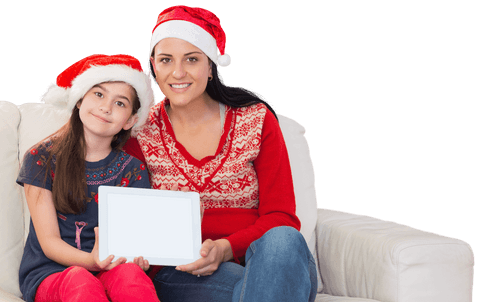 Caucasian Mother and Daughter in Santa Hats Holding Tablet, Transparent Background