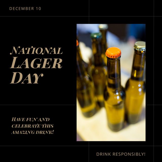 Composition of national lager day text with beer on black background. National lager day and celebration concept digitally generated image.