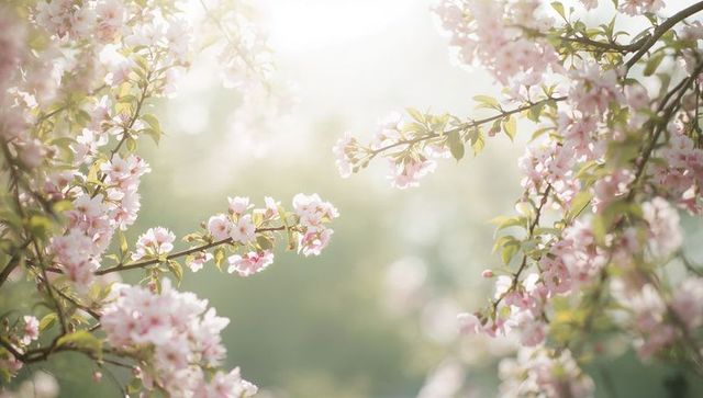 Soft Pink Cherry Blossoms Framing Sunlit Spring Garden with Dreamy Bokeh