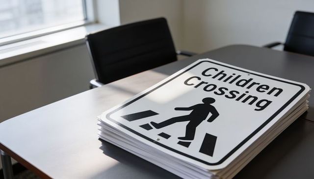 Sitting stack of children crossing signs on conference table near window with grommet