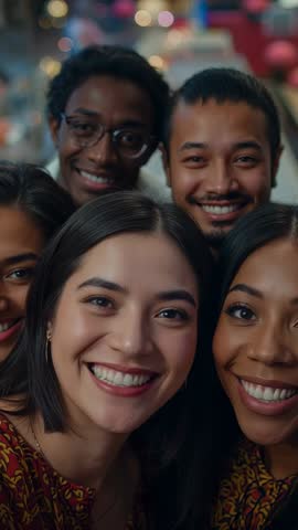 Vertical video: five friends leaning in, smiling and posing in cozy cafe