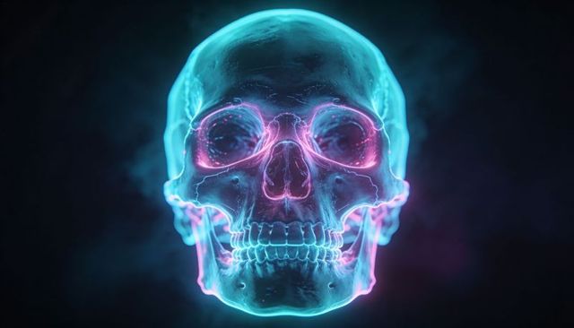 Futuristic Neon Glass Skull with Cyan Rim and Magenta Neural Filaments Floating in Dark Void
