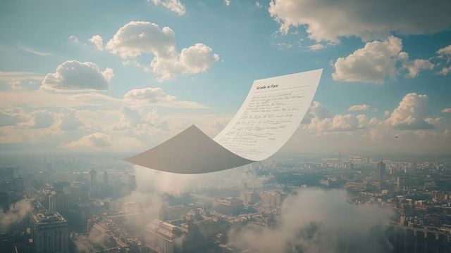 Floating Paper with Text Soaring Above Urban Cityscape with Clouds