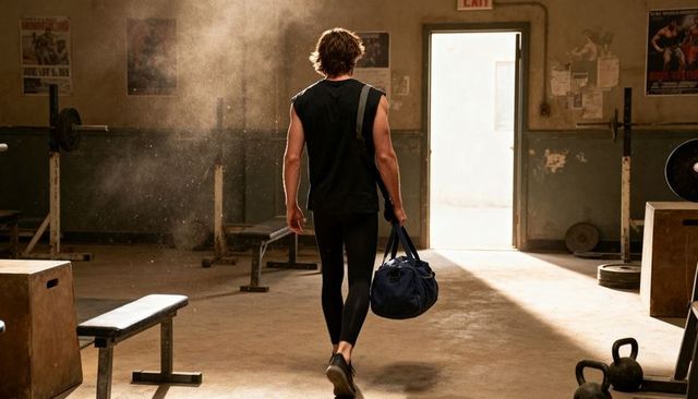 Athlete walking through vintage gym carrying duffel bag toward sunlit open doorway with dust motes
