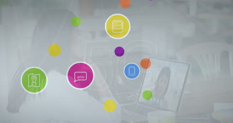 Digital Icons Overlay with Woman on Video Call