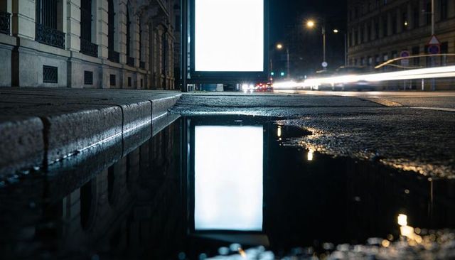 Glowing billboard reflecting in puddle on wet urban street with light trails at night