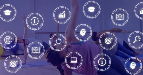 Group yoga class with education and technology icons overlay