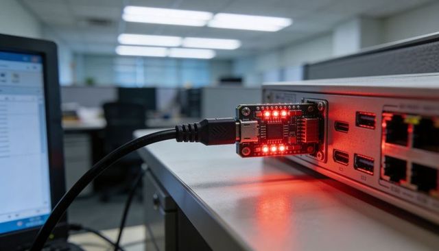 Usb debug module with red led diagnostics plugged into network server on office workbench