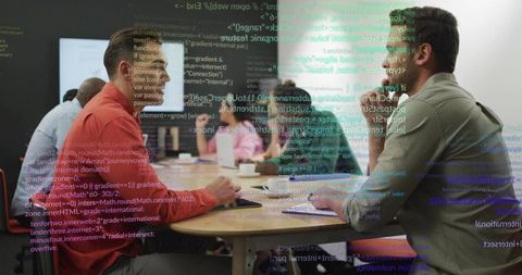 Focused Team Collaboration in Modern Office with Technology Overlay