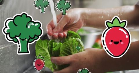 Cartoon Icons Enhancing Vegetable Washing Scene for Lifestyle Themes