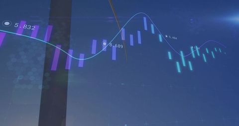Futuristic financial dashboard showing candlestick chart, cyan trend line, numeric labels