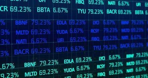 Led market ticker wall displaying neon stock symbols and percentages on trading dashboard