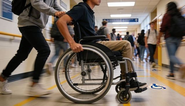Teen student in manual wheelchair navigating crowded school hallway passing tactile strip