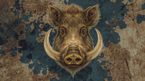 Wild Boar With Tusks Over Distressed Metal Surface