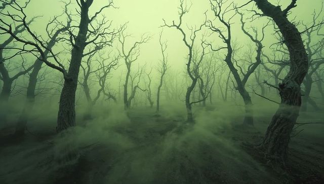 Eerie green foggy grove with gnarled leafless trees and twisting trunks