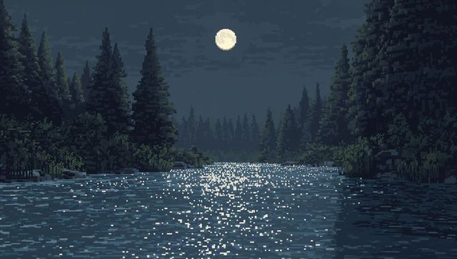 Moonlight reflecting on pixel-art river through pine forest at night