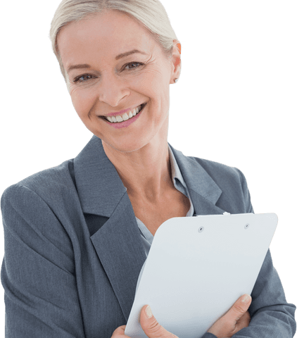 Confident Businesswoman Smiling with Clipboard on Transparent Background