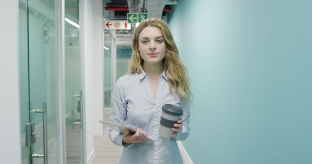 Young Professional Walking in Office Holding Tablet and Coffee - Download Free Stock Images Pikwizard.com