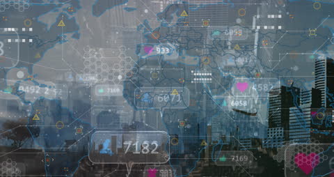Global Cityscape with Transparent Data Overlay Visualization