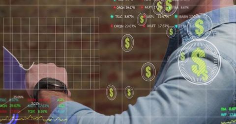Man touching holographic financial dashboard while analyzing stock charts and market data