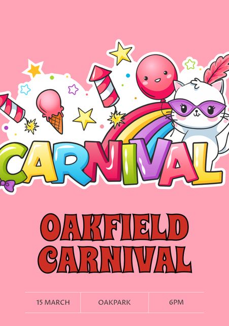 Bright and joyful graphics promoting Oakfield Carnival suitable for announcements and promotional materials. Ideal for social media posts, flyers, and community event calendars to attract attendees and spread festive cheer.