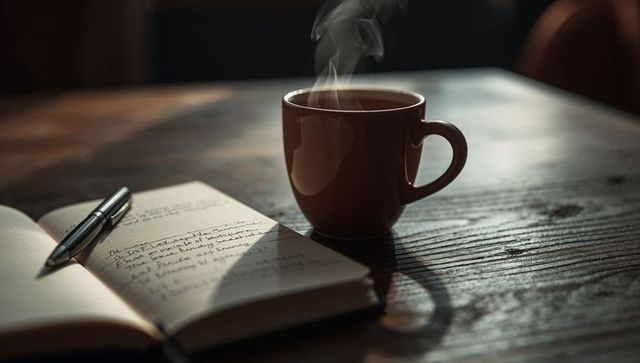 Steaming Coffee Mug Beside Open Journal on Rustic Wooden Table, Warm Morning Glow