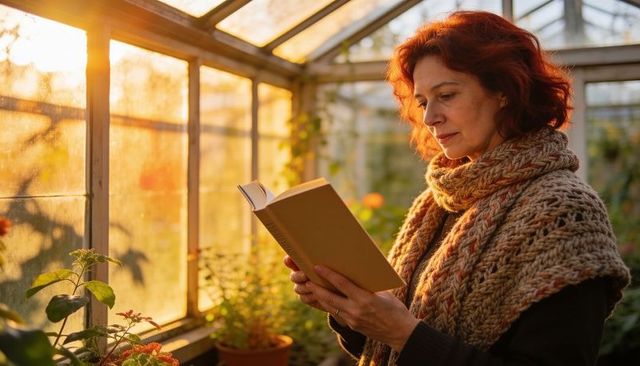 Woman reading book in sunlit greenhouse wearing chunky knitted scarf