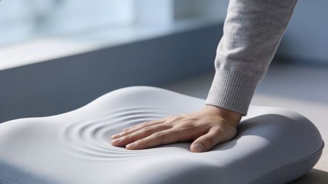 Close-up hand pressing memory foam pillow creating concentric ripples on ergonomic contour