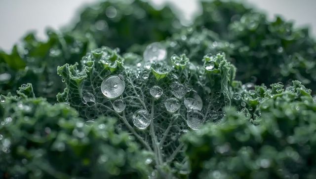 Macro closeup of curly kale leaf with water droplets