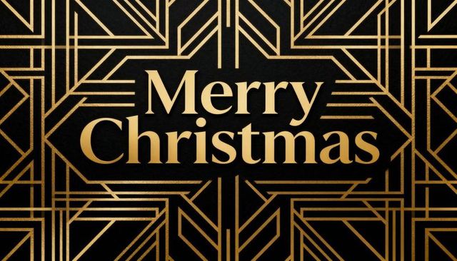 Luxurious gold art deco merry christmas card featuring geometric metallic foil pattern