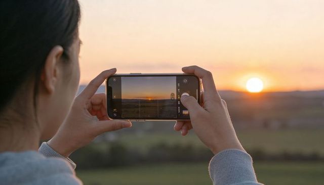 Capturing sunset horizon with smartphone gridlines, woman framing rural landscape at dusk
