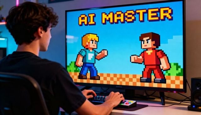 Teen playing ai master retro pixel fighter on large monitor with gamepad