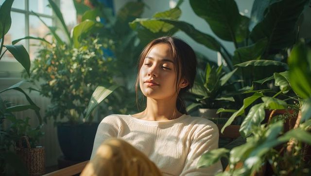 Woman Relaxing Amidst Sunlit Greenery at Cozy Plant-Filled Retreat