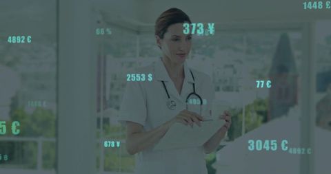 Nurse reviewing digital records with currency and data overlays by clinic windows