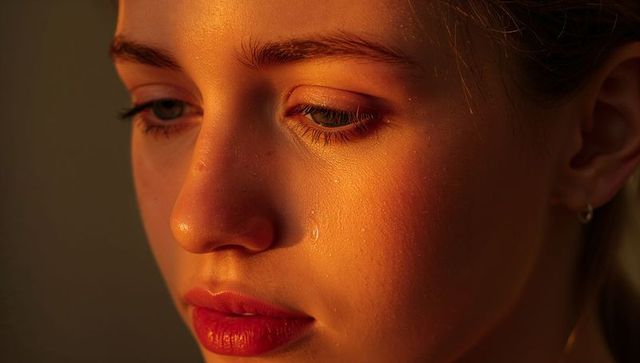 Intimate golden hour closeup of young woman with tear, warm skin texture and red lip