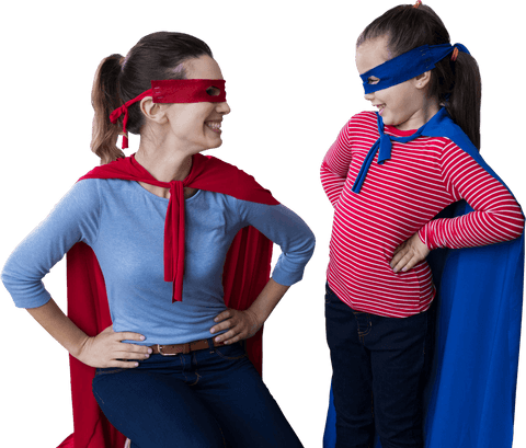 Transparent mother and daughter embracing superhero roleplay